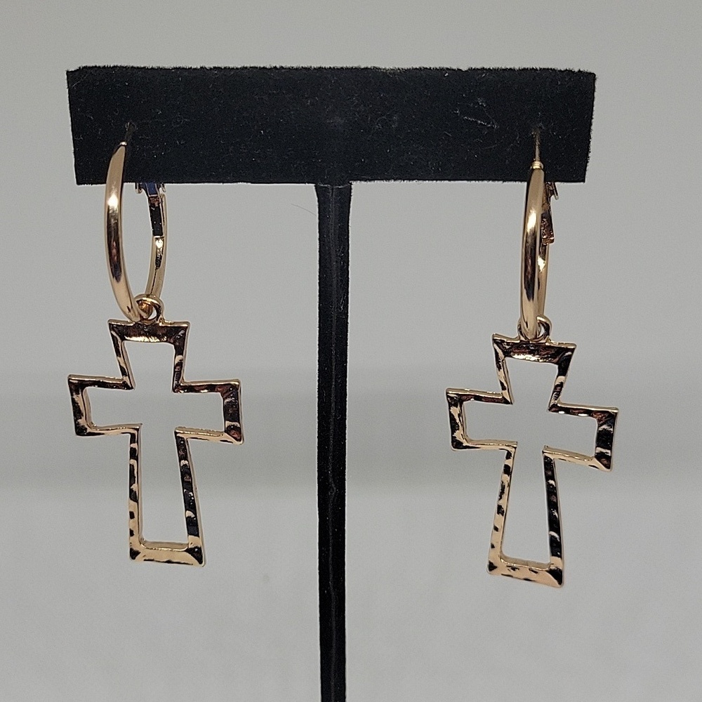 Gold Tone Hollow Out Cross Dangle 2.5" Earrings